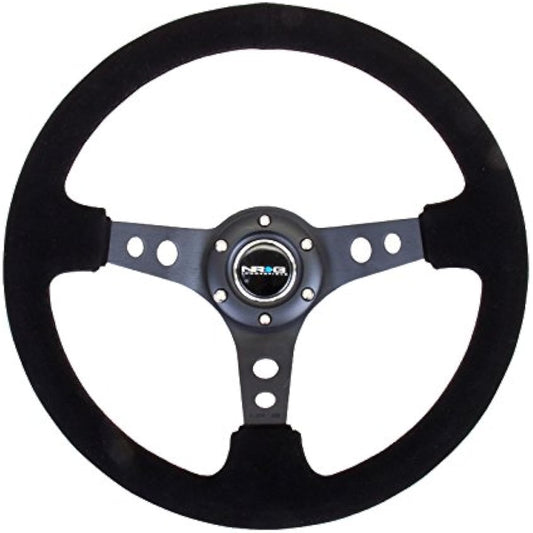 NRG Innovations NRG-RST-006-S reinforced handle 350mm sports steering wheels (depth 3 inches) black spoke suede black stitch