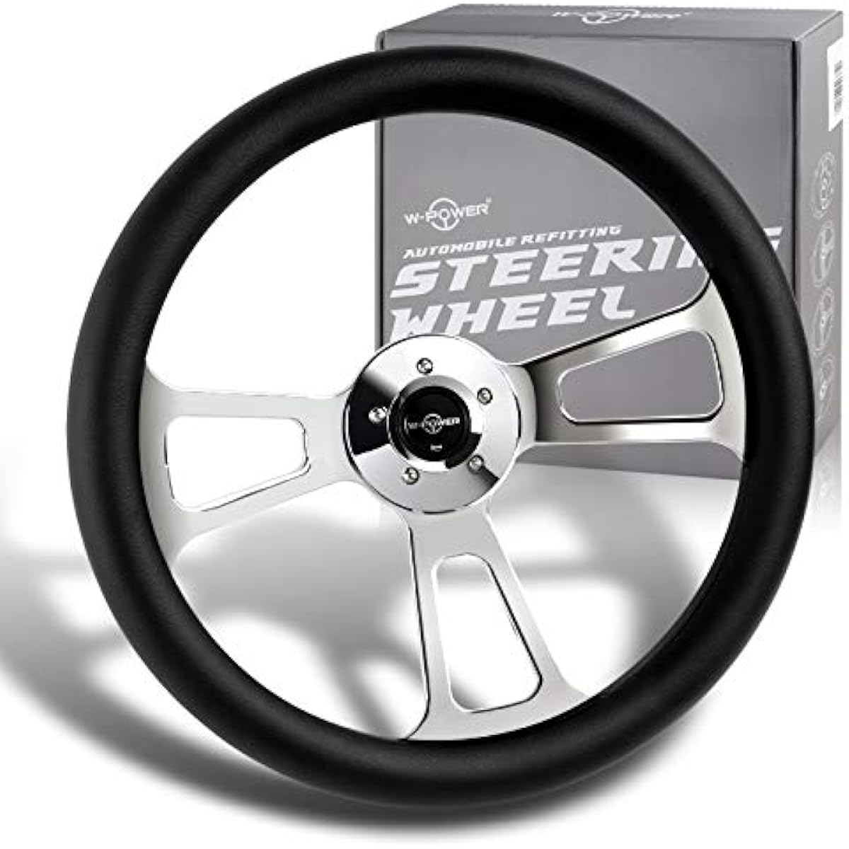 W-POWER 18 inch dark 5 holes 3 Spokes Vintage Steering Wheels (Black Leather Chrome Spoke)