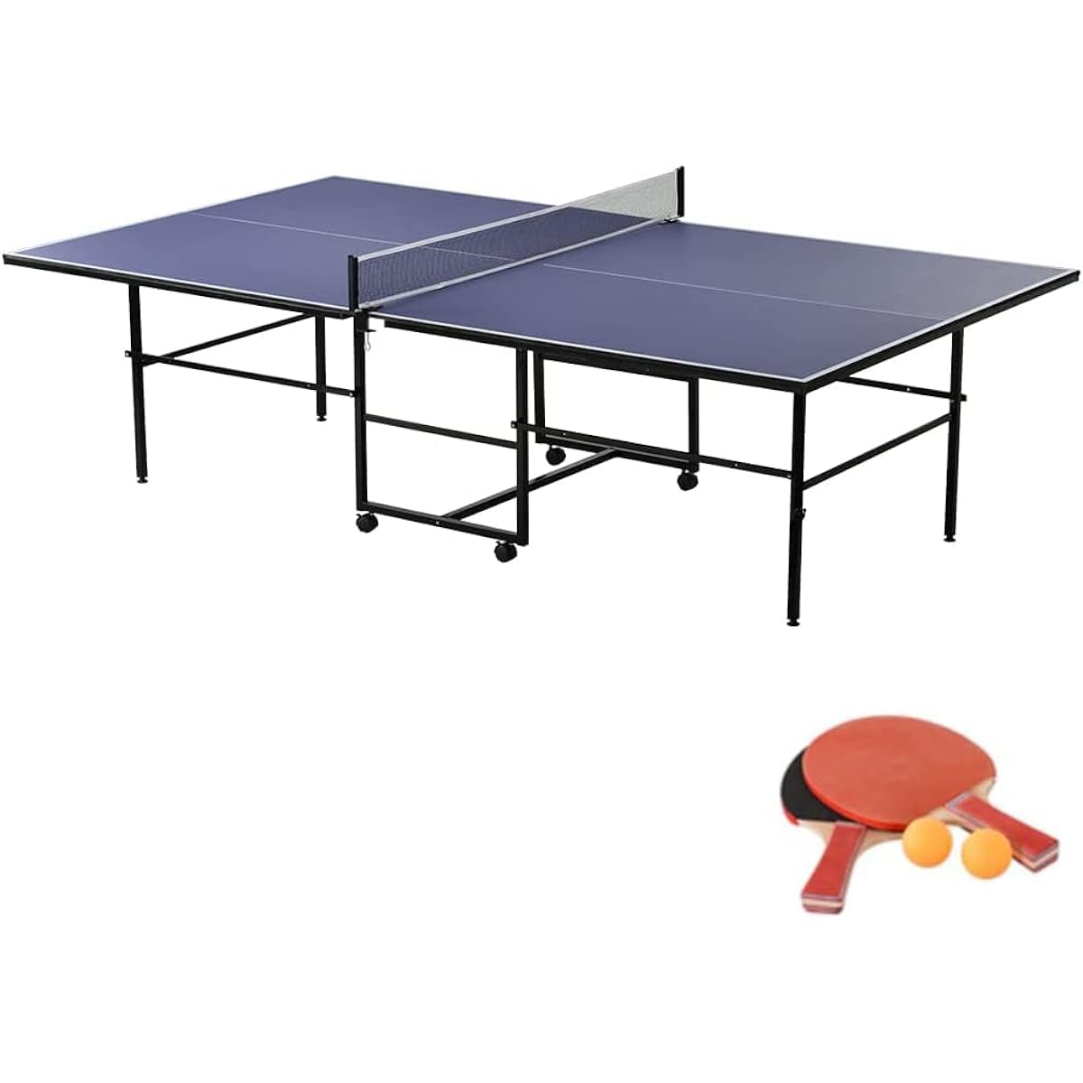 BTM Table Tennis Table, Ping Pong Table, International Standard Size, Separate Type, Foldable, with Moving Casters, for Home Use, 2 Rackets, 2 Telescopic Netballs, Self-Training, Blue, For Practice