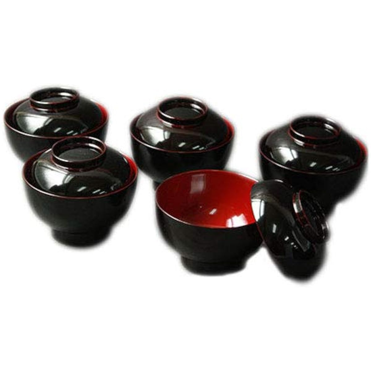 Zoni bowl with lid, black interior vermilion, Echizen lacquerware, diameter approx. 13cm, set of 5, boxed