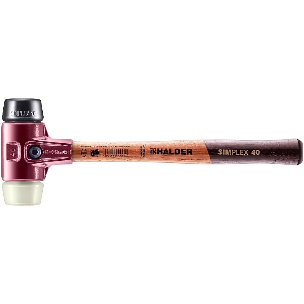 Halder Simplex Hammer Rubber (Black) Nylon (White) Diameter 40 Head/Handle Replaceable Made in Germany