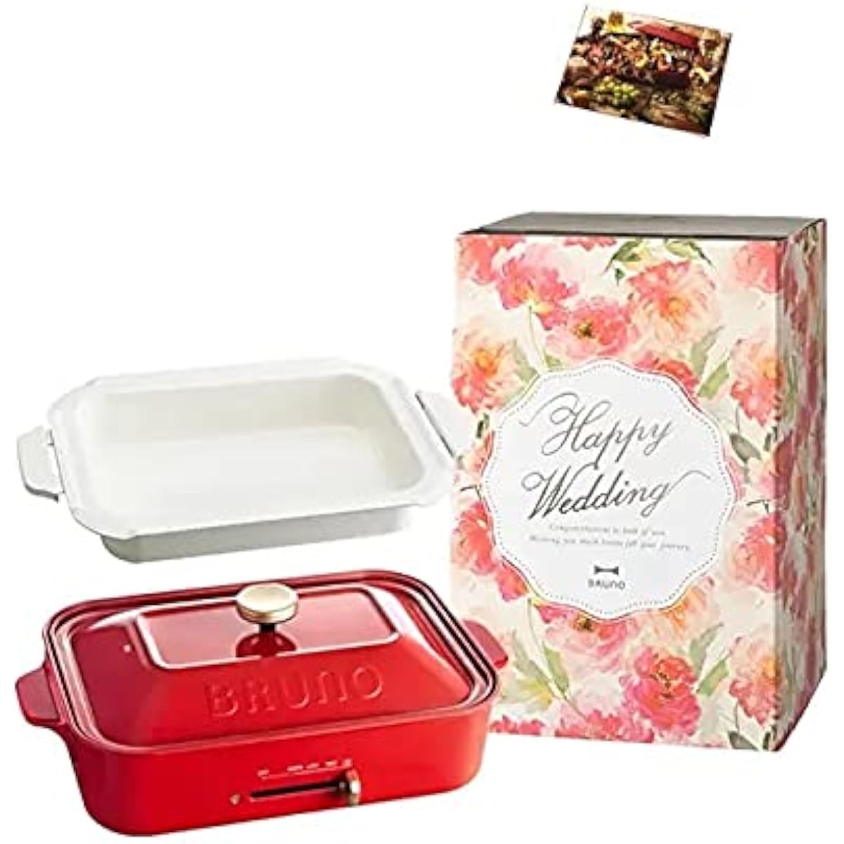BRUNO Compact Hot Plate Main Unit 3 Types of Plates (Takoyaki Ceramic Coated Pot Flat) Wedding Gift Sleeve Recipe Book Included Red Stylish Cute This 1 Unit Lid Included 1200W Temperature Adjustment Easy to Wash For 1, 2, 3 People, Small Size, Living Alo