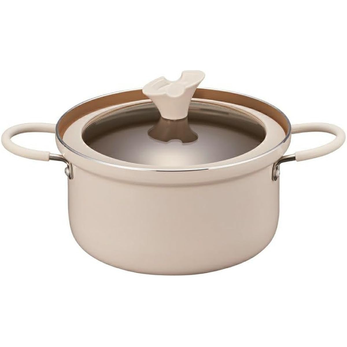 Evercook Double Handed Pot 20cm IH Compatible Gas Fire Compatible [500 Days Available] Comes with Glass Lid Non-Stick Curry Stew Pot Ivory Doshisha