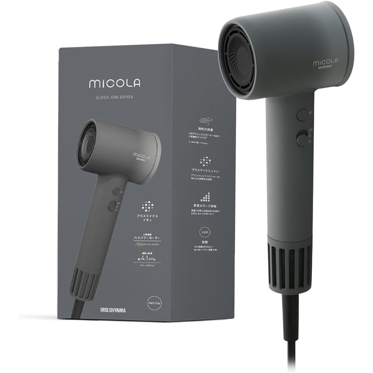 [MiCOLA] Iris Ohyama Ion Dryer Dark Gray Fastest Drying in Manufacturer's History Lightweight 380g Negative Ions Large Air Volume HDR-M301-H