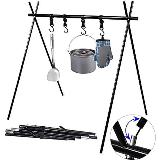 Lantern Stand, Aluminum Lantern Hanger, Foldable, Easy to Assemble, Includes 6 Hanging Hooks, Storage Hanger, Ultra Light Cooker Stand, Outdoor/Indoor Camping, Clothes Drying, Storage Bag Included, Black