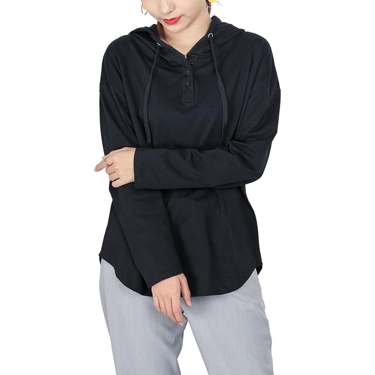 [Tamglean Quion] Women's Hoodie, Thin Hoodie, Plain, Long Sleeve, Autumn, Loose, Tops, Pullover T-shirt, Henley Neck, Cut and Sewn, Cotton, Asymmetrical, Front and Back Asymmetrical, Hooded, Covers Your Body Shape, Sporty, Spring