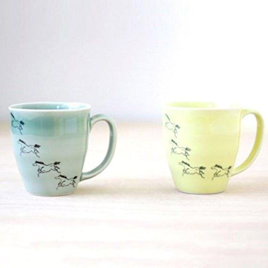 Ohori Soma Ware Matsunaga Kiln Uma Kuyukihisa (Successful) Mug 2 Colors Pair Set Green Yellow