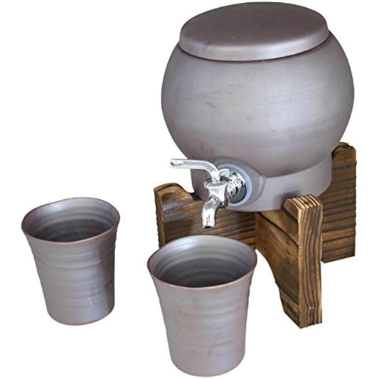 Ranchant Shochu server set with roasted cedar stand Multi server: 18.2x16x15.5 Cup: Φ8.5x8.9cm Yakishime Arita ware Made in Japan