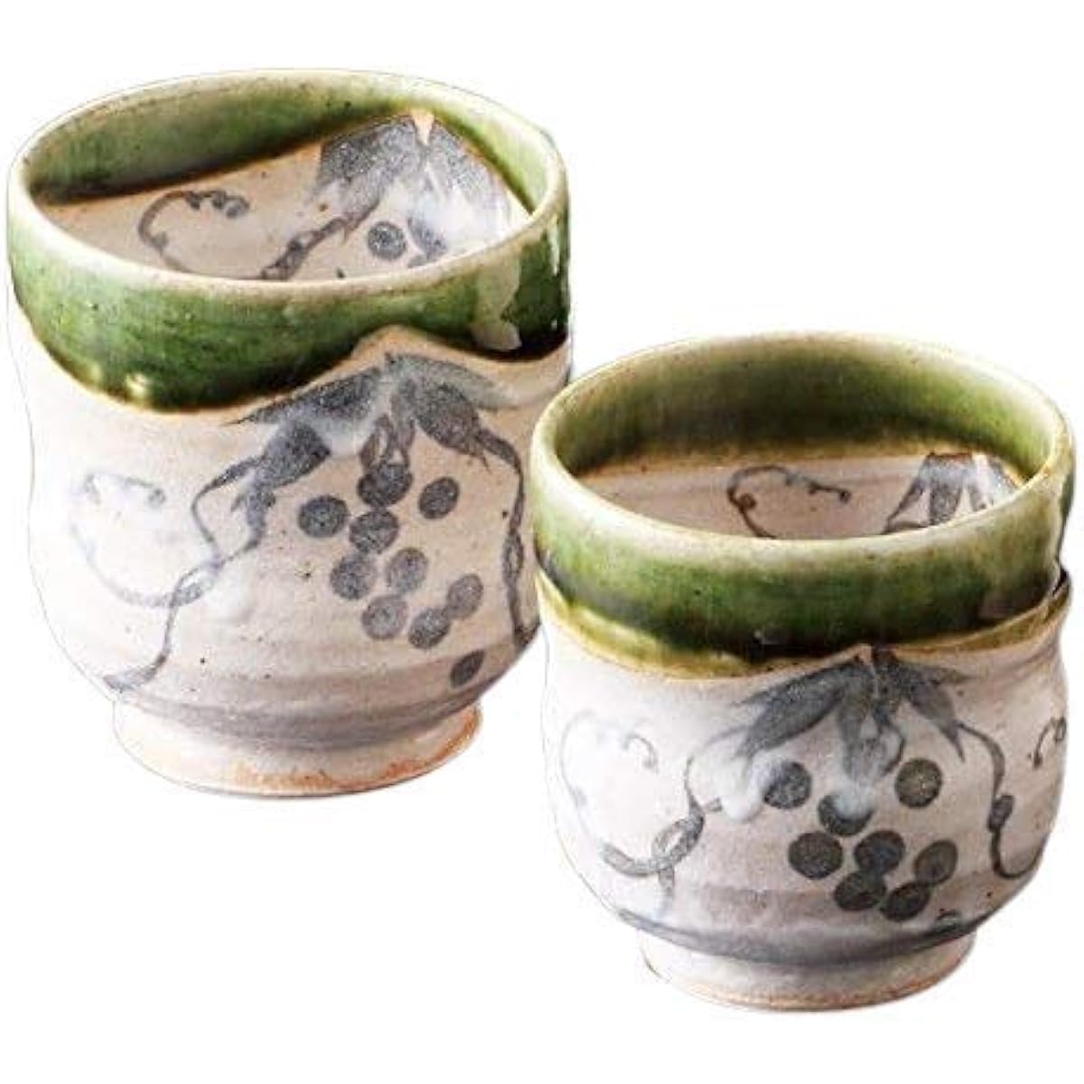 Ale-net Tea Cup Pair Set, Oribe Grape Crest Couple Tea Cup, Pair Tea Cup, Hand Painted Pottery, Mino Ware