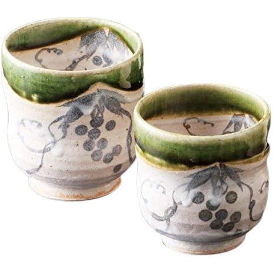 Ale-net Tea Cup Pair Set, Oribe Grape Crest Couple Tea Cup, Pair Tea Cup, Hand Painted Pottery, Mino Ware