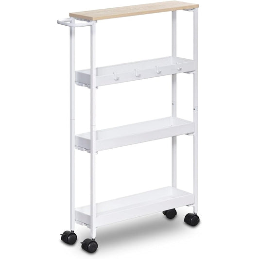 ottostyle.jp Slim Kitchen Wagon with Casters [Natural/White Frame] Width 14cm x Depth 54.5cm x Height 80.5cm Comes with Top Plate Gap Storage 4 Tiers Handle with Casters Storage Shelf Kitchen Washroom Toilet Dressing Room Wood Grain