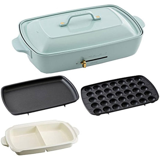 BRUNO Bruno Hot Plate Grande Size Body Includes 3 types of plates (Takoyaki flat surface Ceramic coated partition pot) Blue Gray Stylish Cute This one unit Lid Comes with a lid Temperature control Easy to wash For 4 or 5 people Large Large size Multiple