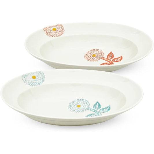 J-kitchens Isaozan Kiln Oval Bowl L Curry Pasta Plate Pair Set Hasami Ware Made in Japan 26cm x 19cm x 6cm Dahlia (Light Blue Red)