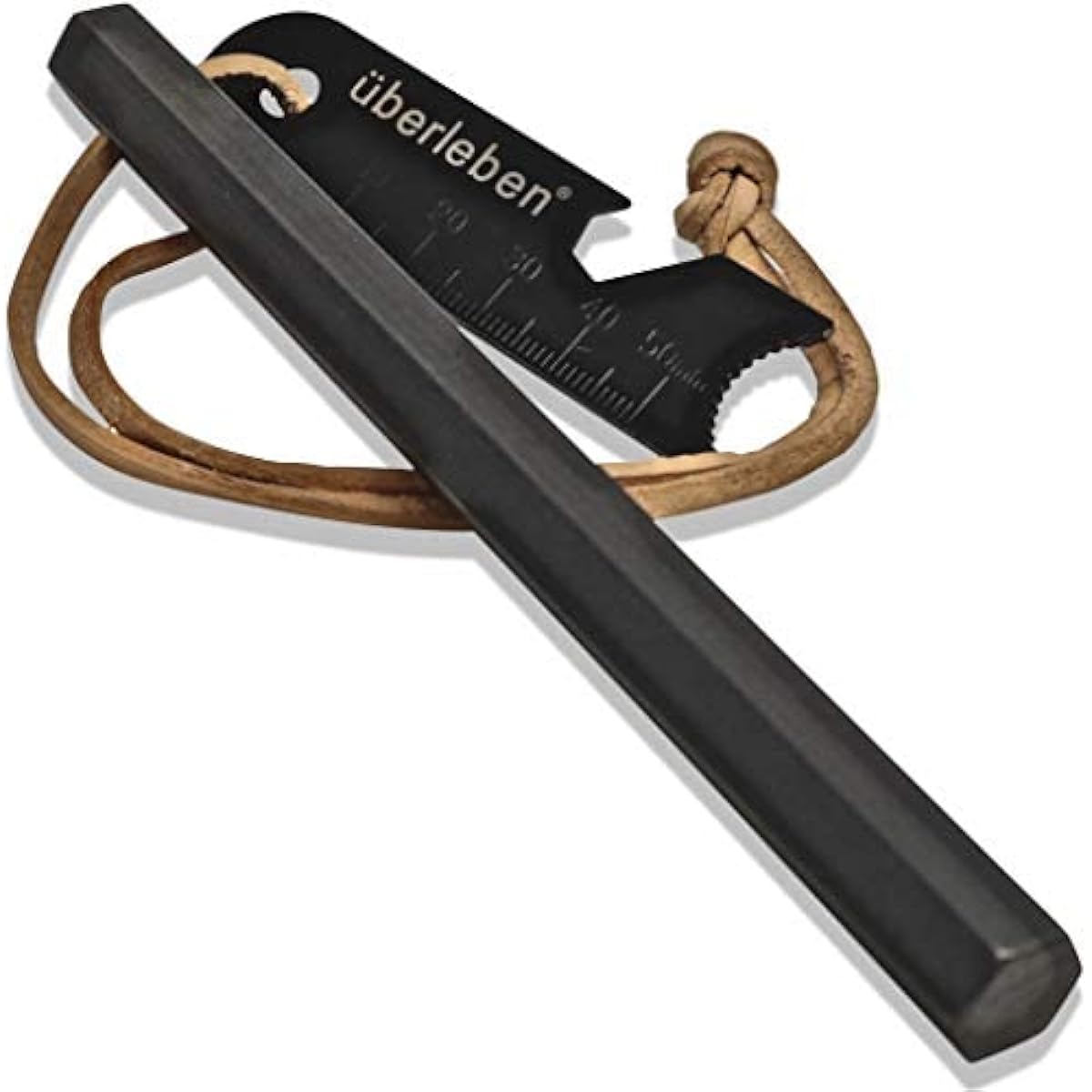 Überleben Hexå Fire Starter - Hexagonal ferrocerium rod with 6 firing surfaces - 1/2" (12.5mm) thick fire steel - Over 20,000 ignition cycles - Survival Igniter, Leather Neck Strap & Multitool Striker Length 6"/15 (2cm)