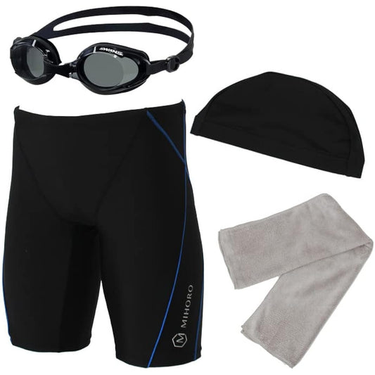 [MIHORO] Mihoro Men's Fitness Swimsuit 4 Piece Set [Swimsuit Goggles Swim Cap Towel (E)+SB]
