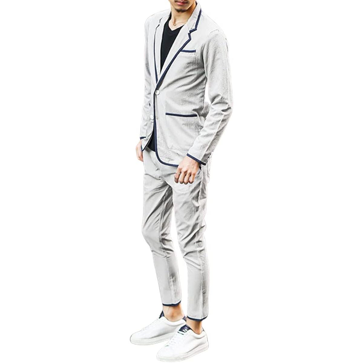 [Samdif] Seersucker Jacket Setup for Men [Summer Material Top and Bottom Set] Summer Jacket & Summer Ankle Pants Business Casual Striped Pattern Summer Clothes Lightweight Material Stretch Clean Feel