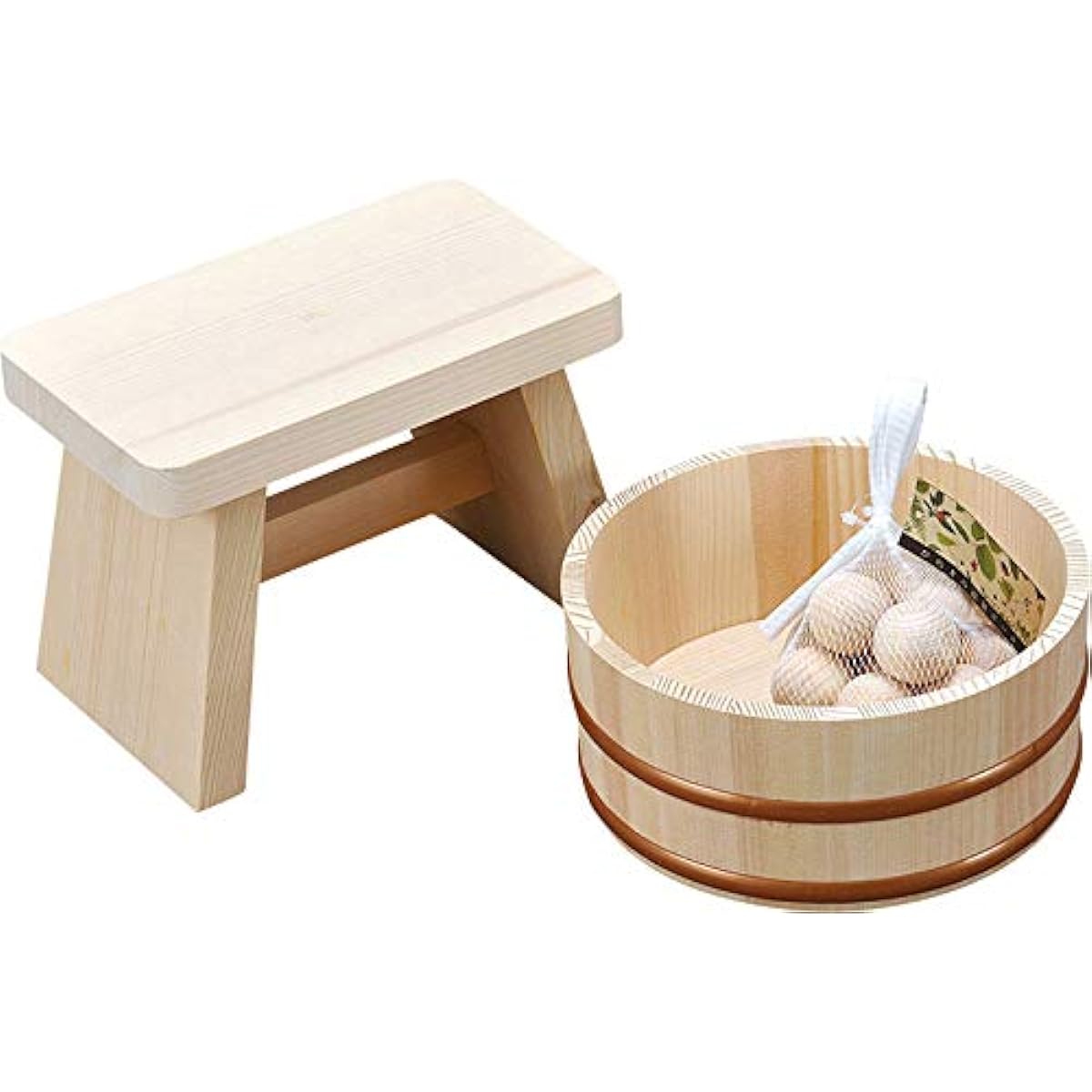 Yamako Bath Komachi Banquet Set (with vanity box) 85947 Natural Bathtub: Approx. Φ22 x H10cm, Bath Chair: Approx. 24 x 14 x H17cm