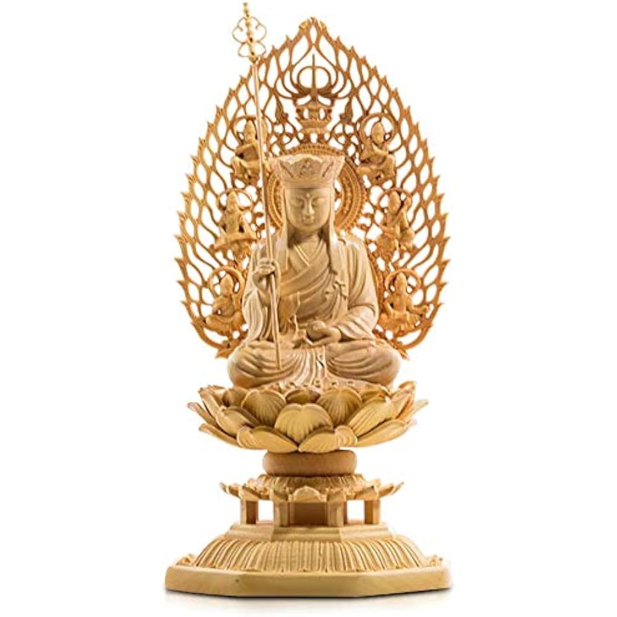 Wooden Carved Buddha Statue Ornament Jizo Bodhisattva Tsuge Tree Buddhist Altar Buddha Statue Pray Warm Off (Height 17cm x Width 8.5cm x Depth 8.5cm)