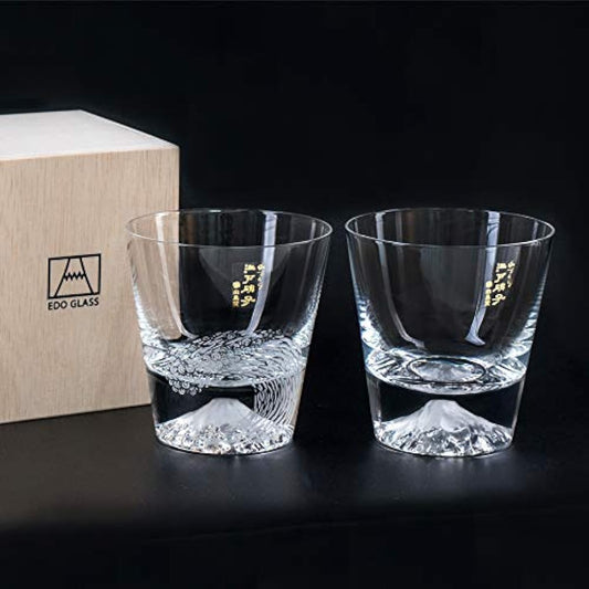 Edition Tajima Glass Mt. Fuji Glass Mt. Fuji Rocks Glass (Plain) x Wave Fuji Rocks Glass Pair Set of 2 Souvenir Grand Prix Edo Glass Kiriko Mt. Fuji Whiskey Glass Rocks Glass Sake Foreign Overseas Souvenir Celebration Gift Present Popular MADE IN JAPAN