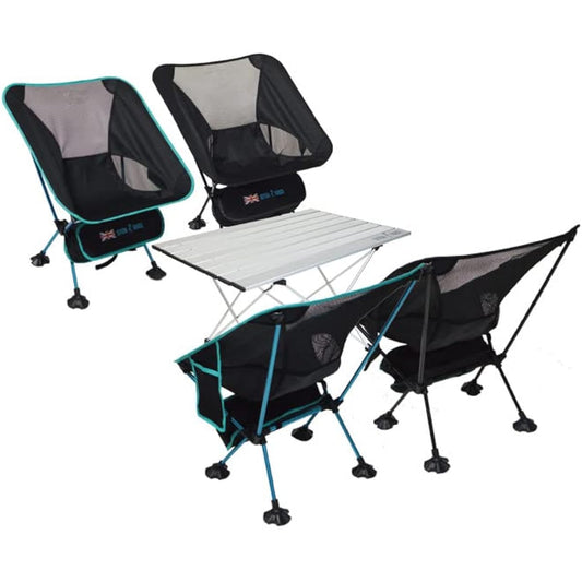 Leyton house 5-piece outdoor table and chair set, compact low chair, roll table, camping, lightweight, festival, easy to assemble, home, barbecue, leisure, family group, warranty included. One Size Chair: 2 black, 2 black blue / Table: Silver