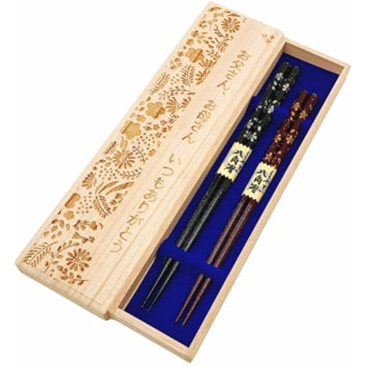 Couple chopsticks, Octagonal Sakura, Black, Red, Designed with paulownia box and wrapping, Gift for parents, Mother's Day, Father's Day, Dad, Mom [116]