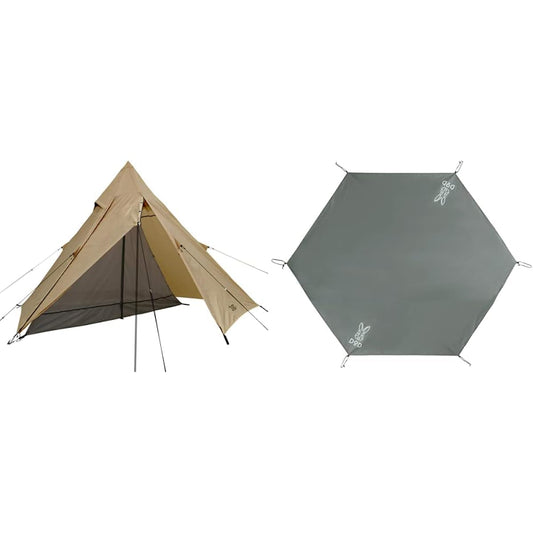 DOPPELGANGER Outdoor Riders One Pole Tent, Lightweight, Touring Specification, 50cm, Storage, Front room for table, Tan Color, T1-442-TN & Ground Sheet for One Pole Tent S, 260cm x 220cm, GS3-561-GY [Set Purchase]