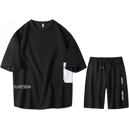 [SUKESEM] Men's Jersey Top and Bottom Set, Short Sleeve T-Shirt Setup, Men's Large Size T-Shirt, Half Pants, Casual Sportswear, Room Wear, Stylish, Spring, Summer, Autumn, Loungewear
