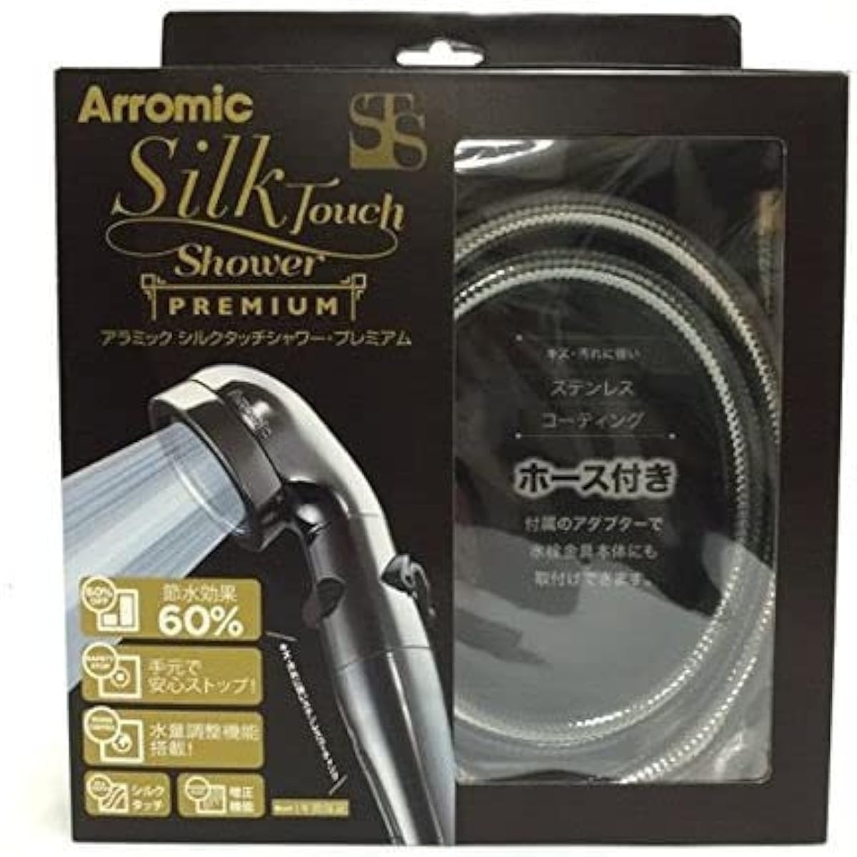 [Aramic] Silk Touch Shower Premium Hose Set Shower Head Up to 60% Water Saving Hand Stop Water Volume Switching Pressure Boosting Function Adapter Included (Compatible Models TOTO/INAX/SAN-EI/KAKUDAI/GROHE/KVK/MYM/Noritz/Rinnai) No Tools Replaceable Made