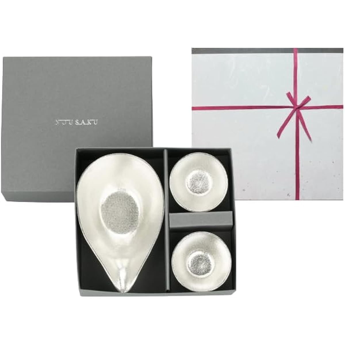 [Nousaku Red Cotton Ribbon Wrapped with Japanese Paper] Katakuchi - Small / 2-piece Sake Cup Set 100% Tin Nousaku Tin KS1=G2