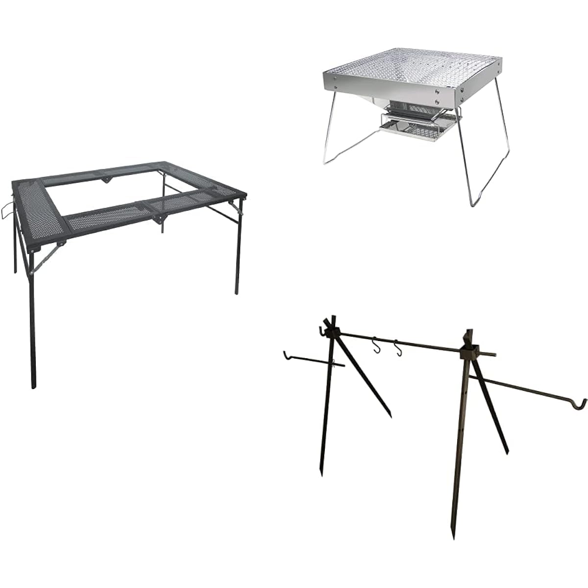 Onoe Seisakusho (ONOE) Folding BBQ Table T-4683-II Encloses a BBQ stove or bonfire Standing/sitting cooking possible 117 x 80 x 30/70 cm (height adjustable in 2 levels) Camping table Outdoor table + Folding fire grill 35 + multi hanger