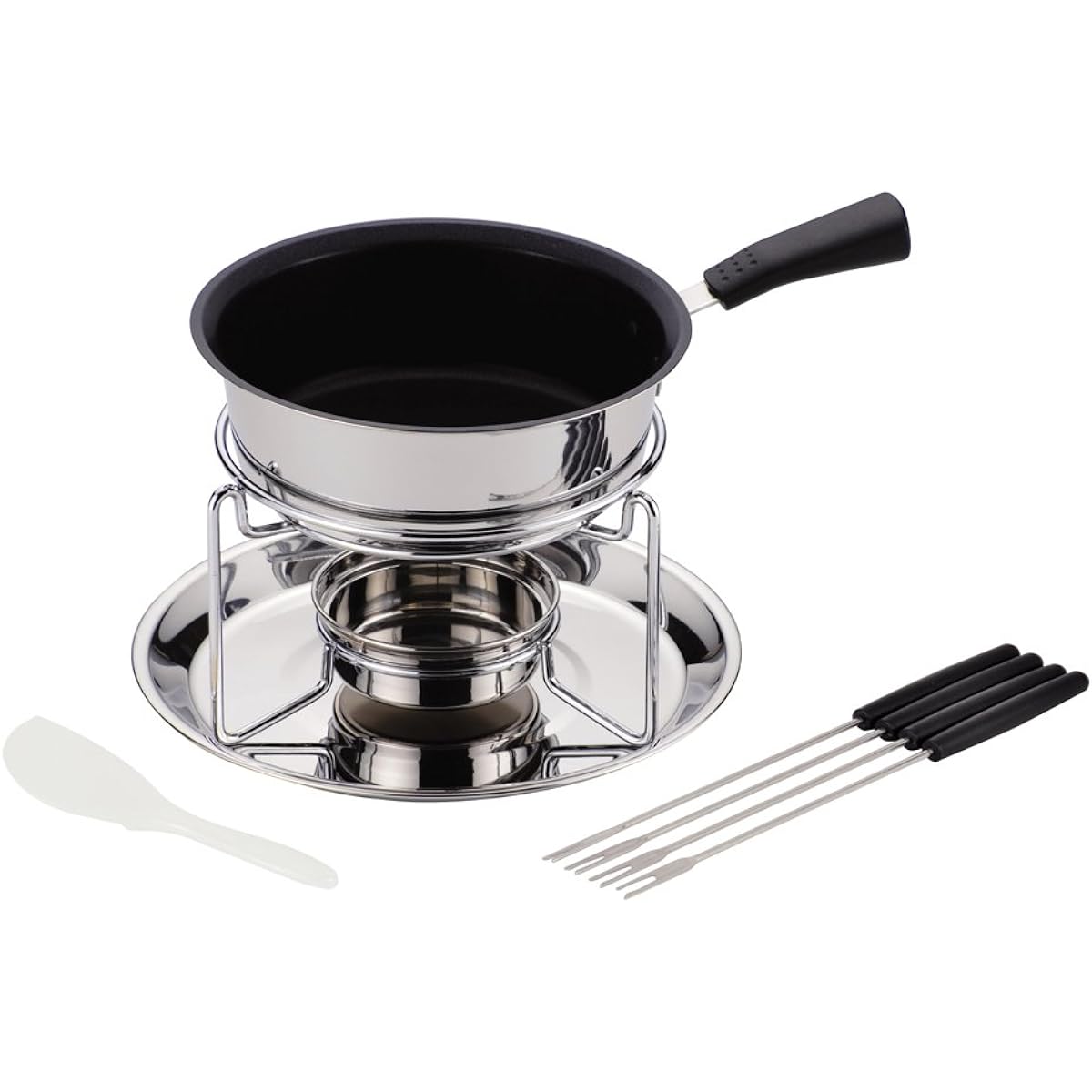 Pearl Metal Cheese Fondue Pot Set 3 Layer Bottom Fluorine Processed Inside Bene HB-3418 Silver 1.2L