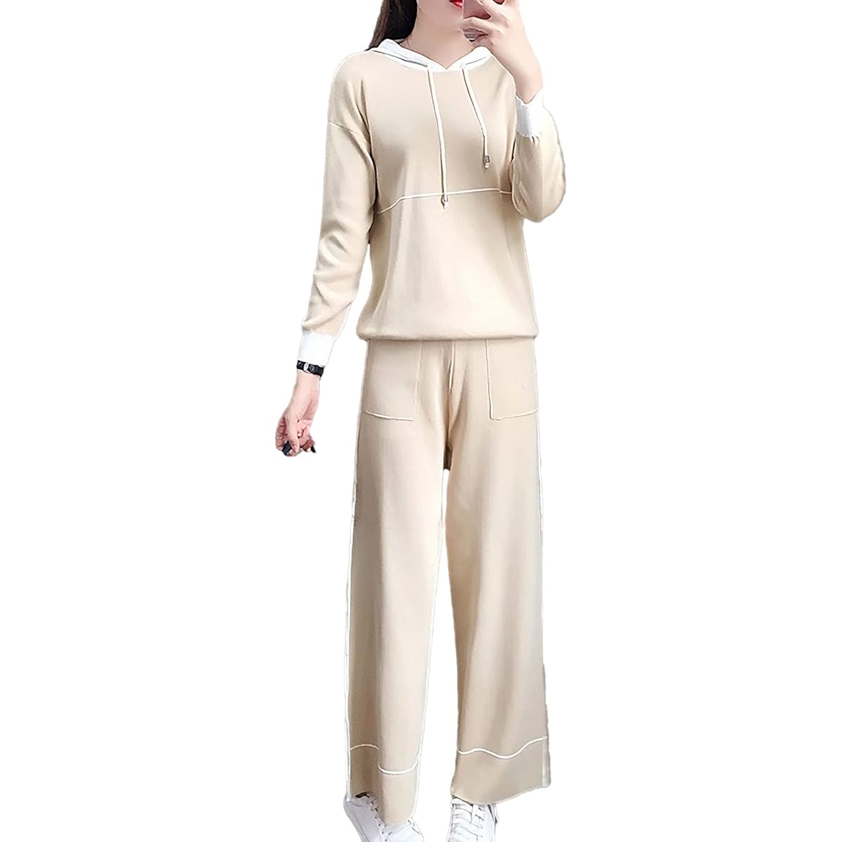 Monoa Jersey Top and Bottom Set, Long Sleeve, Thin, Grid Line, Pullover, Quarter Length, Pants Setup, Women's Fashion