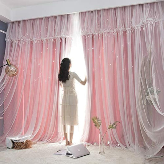 KOUSO Stylish curtains! Openwork Star Pattern Blackout Curtains, Stars, Stylish, Decorative Home, Children's Room, Living Room, UV Protection, Blindfold, Set of 2 (Pink, Width 100cm x Length 178cm)