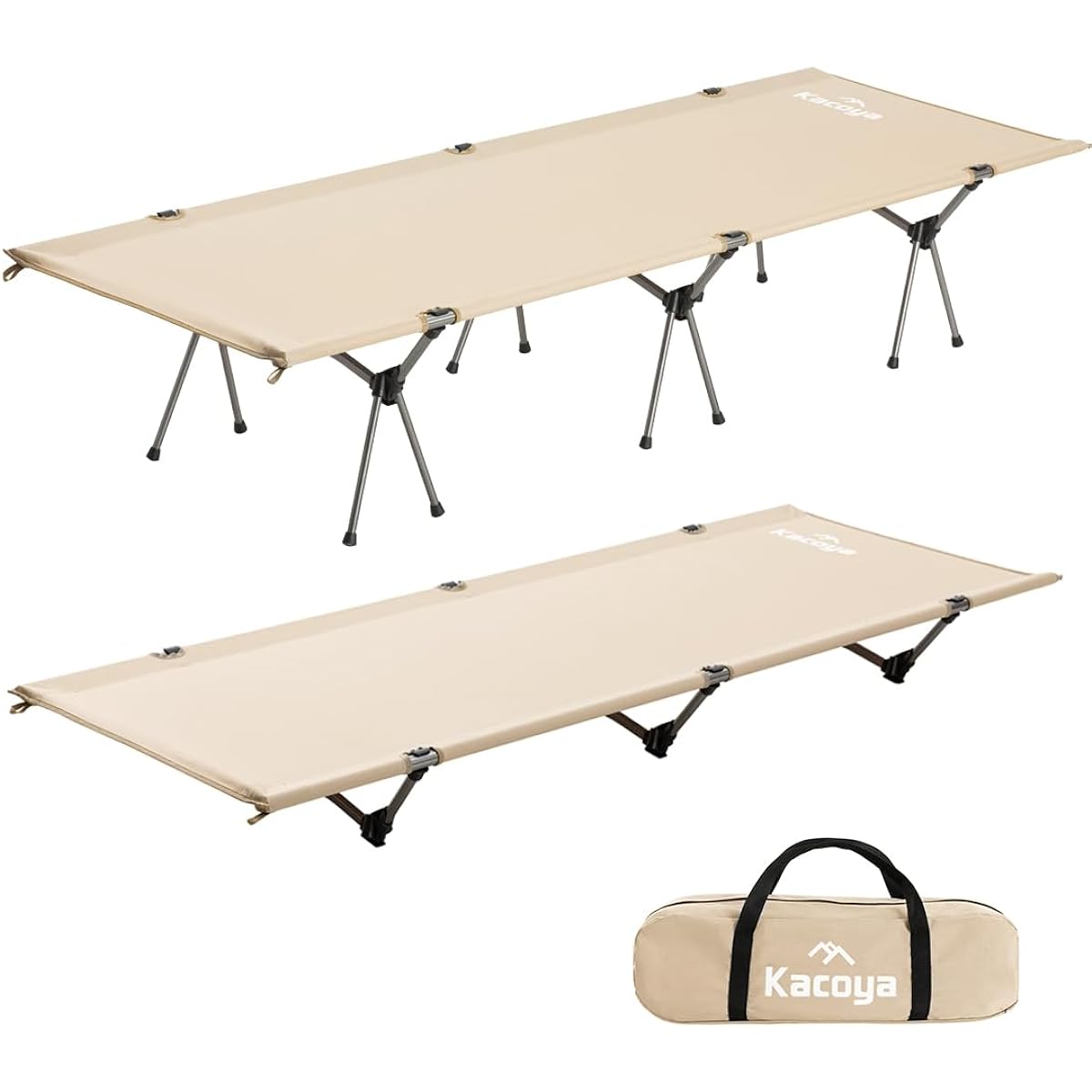Kacoya Outdoor Cot, 2WAY High/Low Switchable, Camping Cot, Compact, Folding Bed, Ultra Light Aircraft Material, Load Capacity 150KG, Quiet Design, Storage Bag Included, Portable, Disaster Prevention, Home Use Cot, Outdoor Bed (Beige)