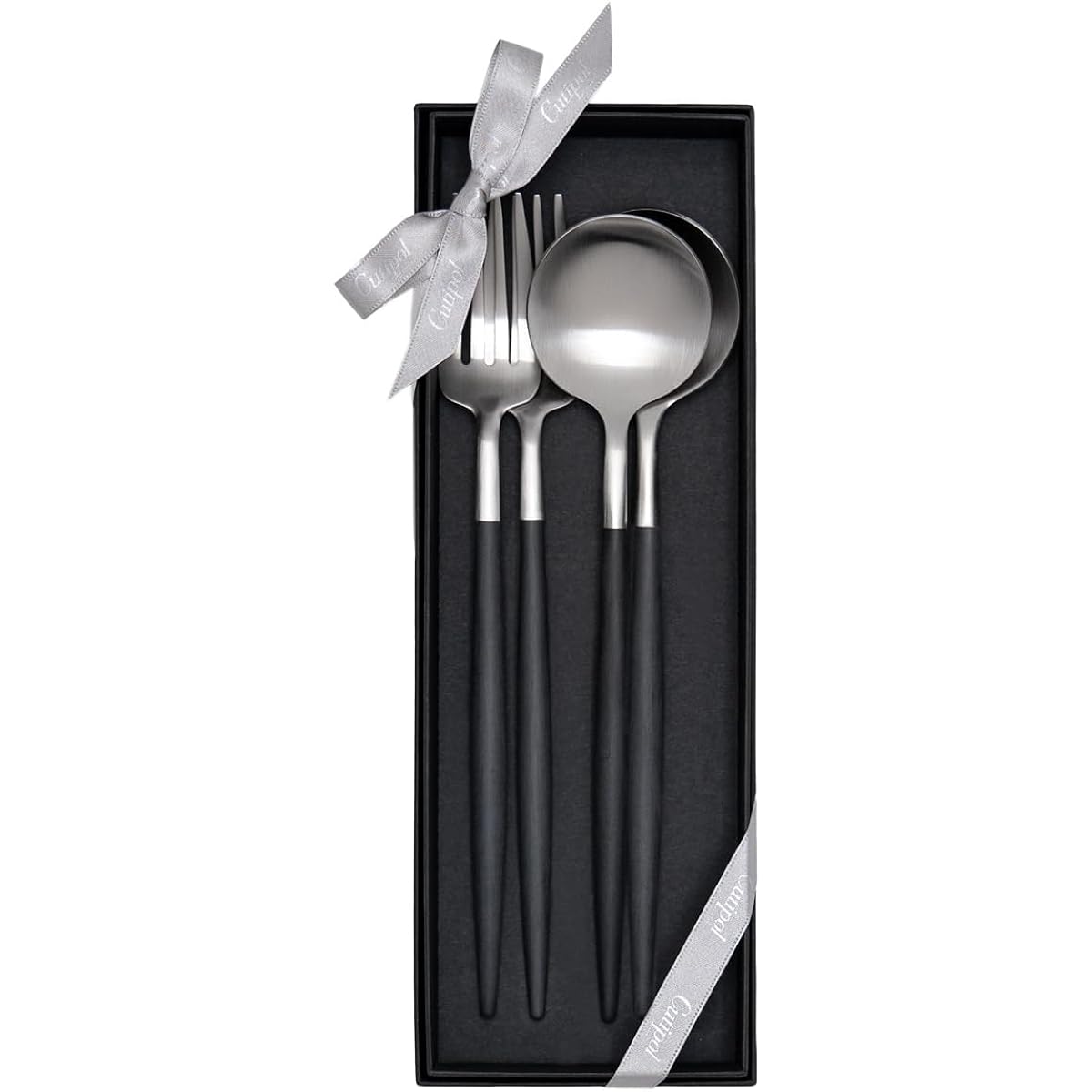 Genuine Cutipol GOA Gore Black/Matte Silver Dinner (Fork/Spoon) 4 Piece Gift Set in Cosmetic Box with Genuine Ribbon Hanging