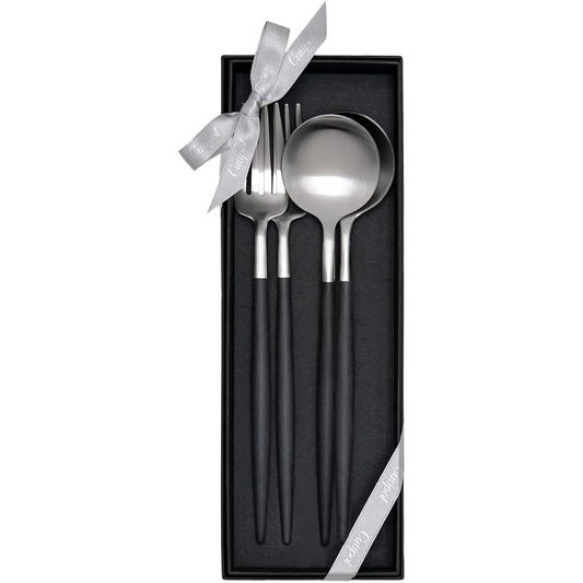 Genuine Cutipol GOA Gore Black/Matte Silver Dinner (Fork/Spoon) 4 Piece Gift Set in Cosmetic Box with Genuine Ribbon Hanging