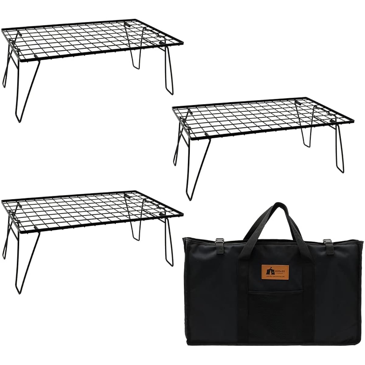 HIBARI Field Rack Camping Rack Set of 3 with Storage Case Matte Black Camping Storage Compact Outdoor Wagon Outdoor Table Folding Table Low Chair Outdoor Camping Table (3 Racks/Storage Case)