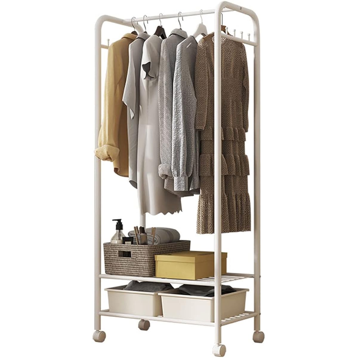 UNHO Hanger Rack, Slim Coat Hanger with Casters, Clothes Rack, 2 Tiers, White, Coat Rack, Sturdy, Pipe Hanger with Shelf, Stylish, White, Width 60 x Height 150 cm