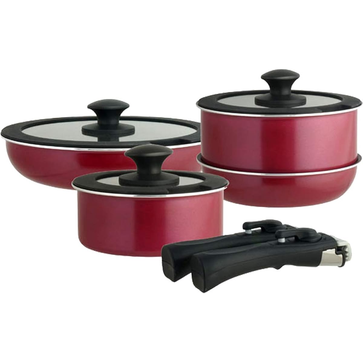 Living Frying Pan Set, 9 Piece Set, IH Compatible, Gold Marble Coat, Nonstick, Removable Handle, Red 506463