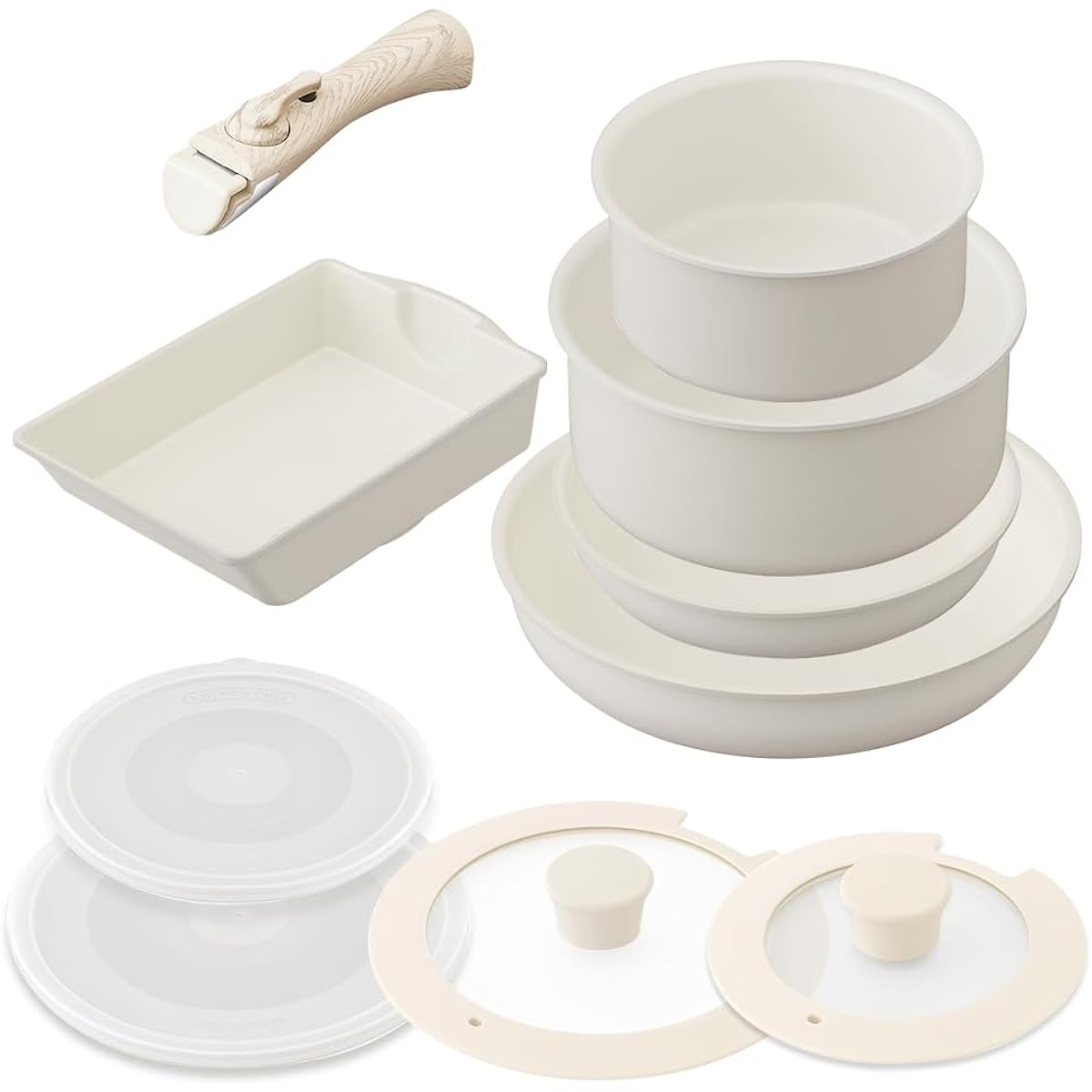 Iris Ohyama Frying Pan Set Compatible with IH & Gas Fires, 10-Piece Set, Frying Pan with Removable Handle, Ceramic Color Pan, Heat Conductive for Quick Cooking, Shorter Cooking Time, Fluffy and Juicy Greige CC-10S