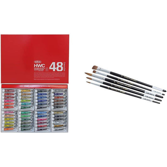 Holbein Transparent Watercolor Paints 48 Colors Set W409 5ml (No. 2) 003409 & Holbein Paint Brush Set [9] Watercolor Brush (Horse Hair) Set of 5 [Set Purchase]