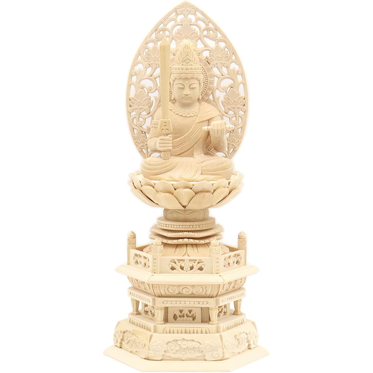 Kurita's special Buddha statue [Bodhisattva] Seated Manjusri Bodhisattva statue 2.5 dimensions (total height 29cm, width 13.5cm, depth 10cm) High quality wood carving made of cypress wood Grass light back hexagonal stand 8676