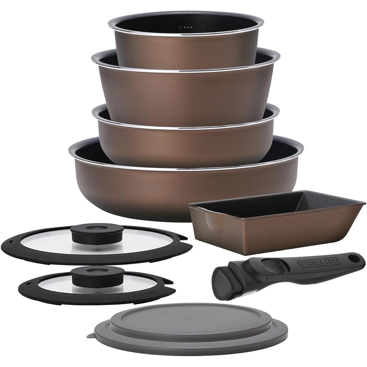 Iris Ohyama Frying Pan Set of 10 Pieces IH Gas Fire Deep Diamond Coated Scale Oven Cooking Detachable Handle Egg Pan Lid PDCI-S10S Chestnut Brown Non-stick Easy to Clean Deep Plus Series