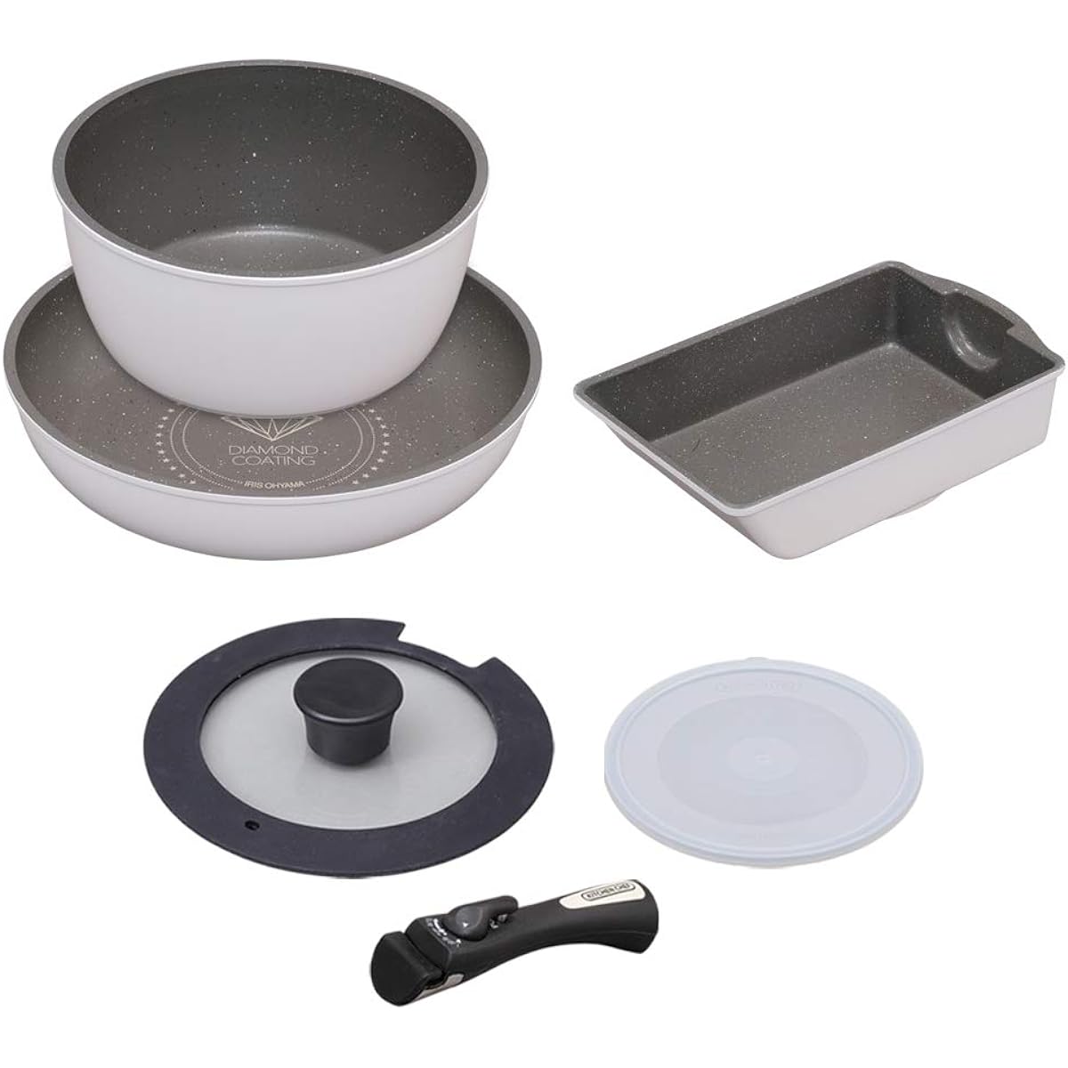 IRIS OHYAMA Frying pan, pot set, frying pan set, 6 pieces, gas fire, IH compatible, lightweight, easy to clean, removable handle, diamond coat, diamond coat pan, white/marble ISN-SE6