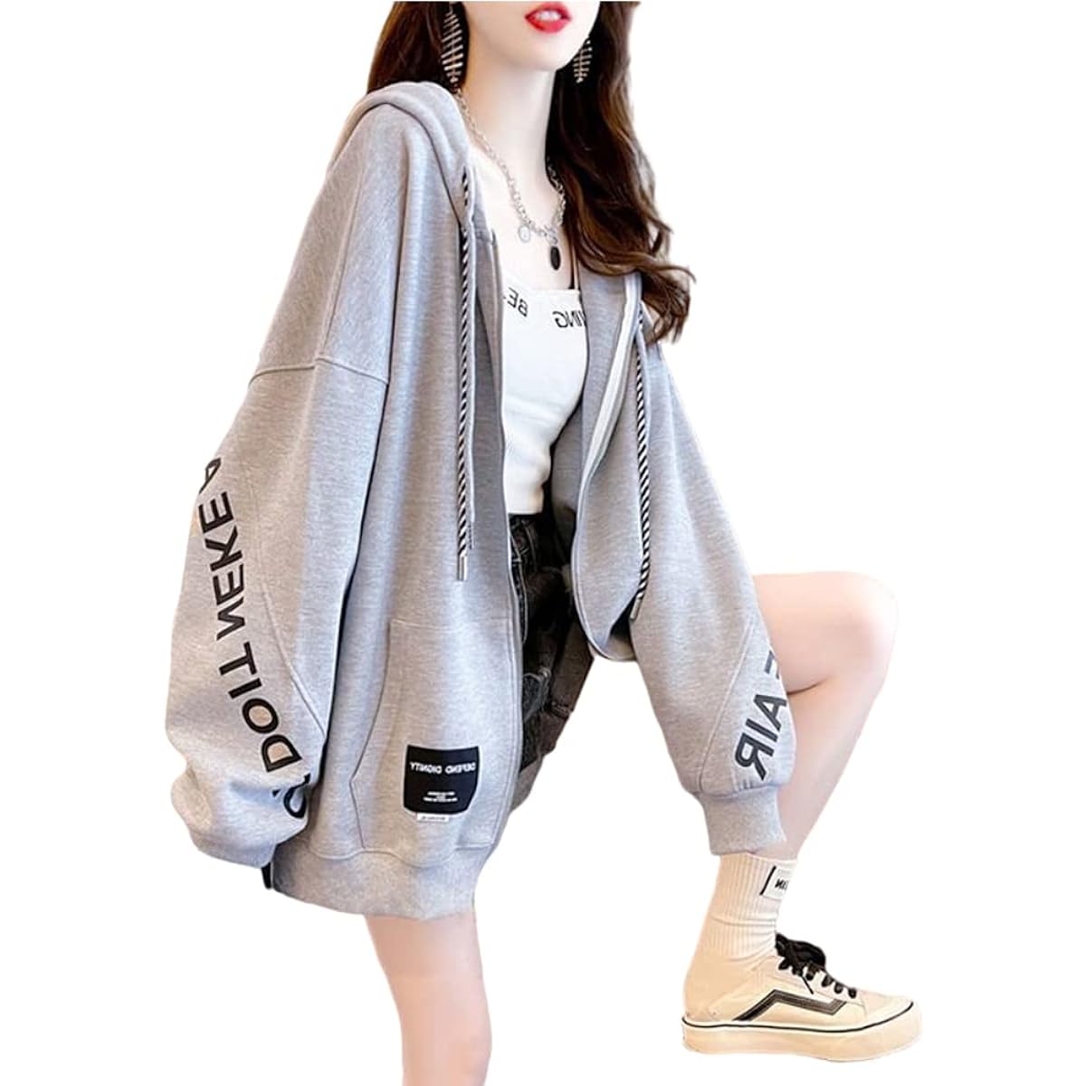 [fyetemon] Thin, loose, oversized hoodie, long sleeves, front zip, Korean style fashion, spring, autumn, winter