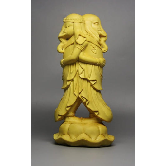 [Various Tenjin] Kangiten (Shoten) twin statue (total height approx. 10cm, width 4.8cm, depth 4.5cm) Tsuge tree God of marital harmony, matchmaking, and child blessings (log)
