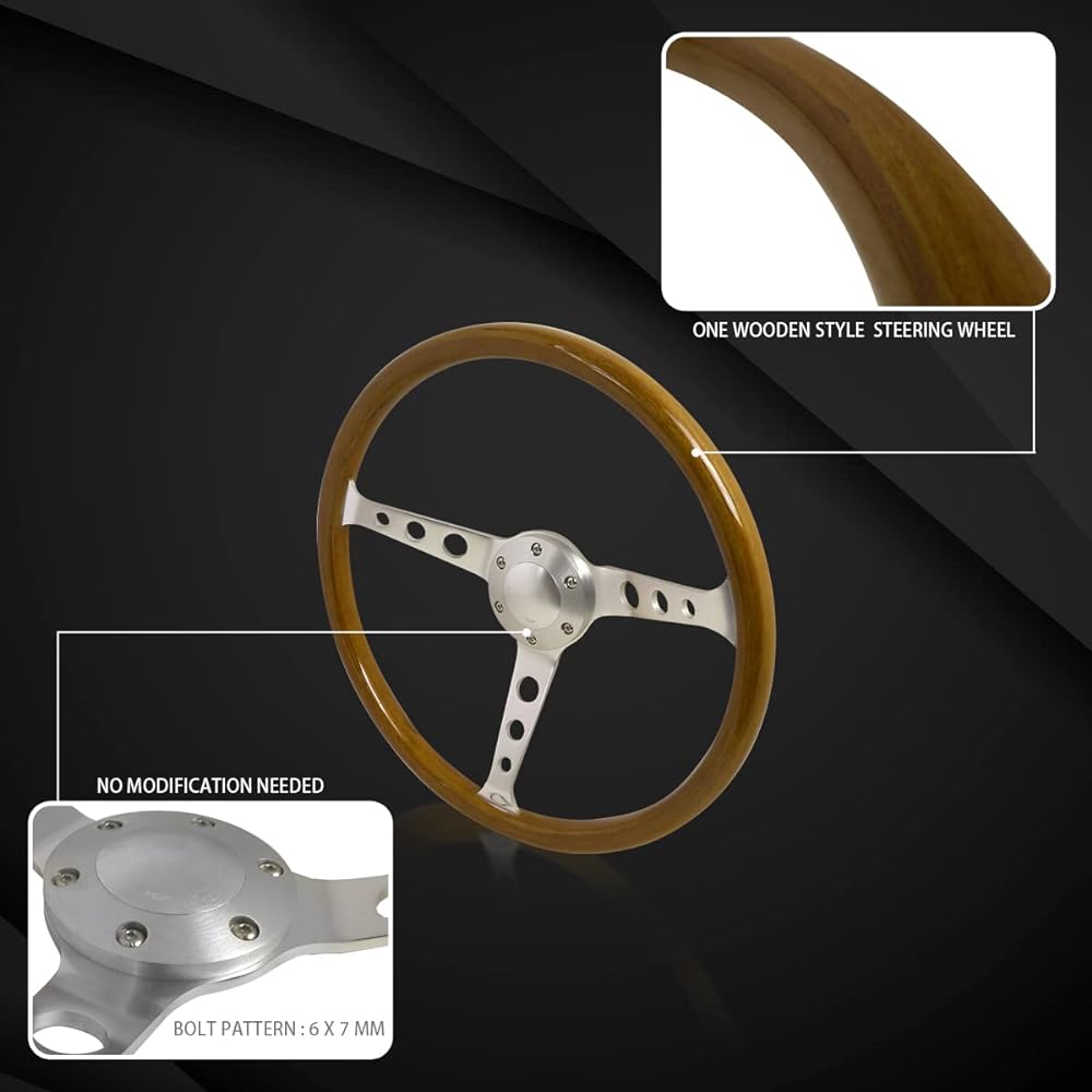 Autozensation 370mm 14.75 inch aluminum spokes vintage classic wood grain handle