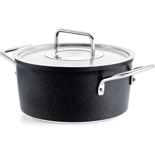 Fissler Double Handed Pot 20cm Adamant Stew Pot with Stainless Steel Lid Compatible with Gas Fire/IH Non-Stick Coating Made in Germany Black [Authorized Japanese Product] 156-114-20-000