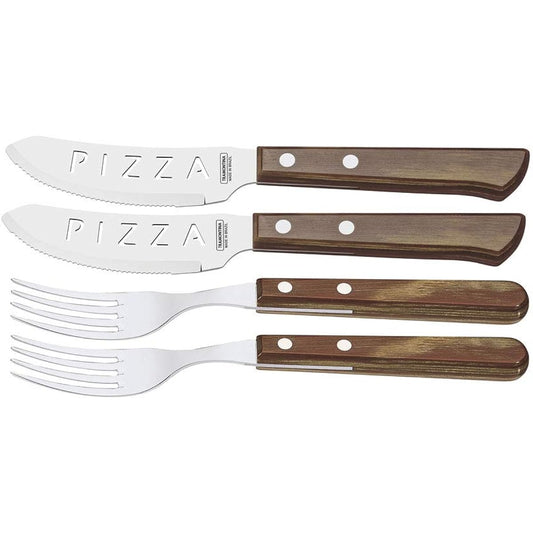 Tramontina Polywood Heavy duty natural wood handle pizza table knife 21cm & table fork 21cm Set of 4, wooden box, wooden handle that can be washed in the dishwasher, strong against impact, perfect for commercial use, dishwasher safe, Respect for the Aged