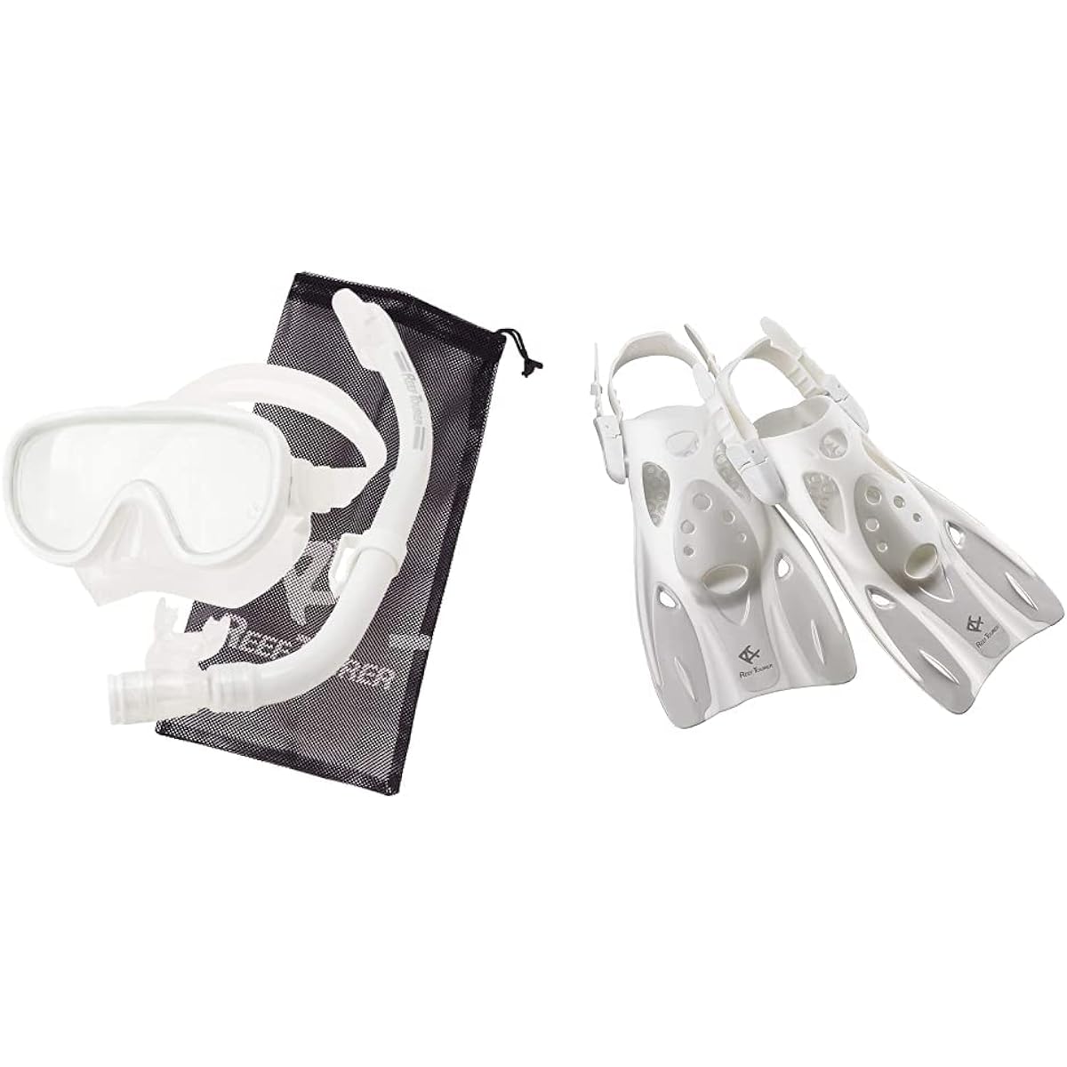 REEF TOURER Snorkeling Snorkel Mask Snorkel Adult 2-Piece Set Silicone Mesh Bag Included White RC0105 & Snorkeling Fins Fins Strap Fins White M Size RF0106P [ Buy a set】